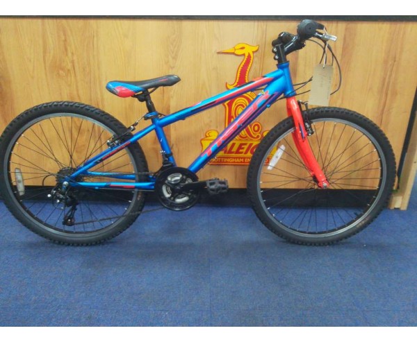Second Hand 24" Tiger Warrior 12" frame Boys 18 speed mountain Bike. Blue/Red for ages 7 to 11 years old